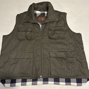 Vtg. Branded Lion Utility Puffy Vest- Brown with 6 pockets- Lined in Plaid- 3XB